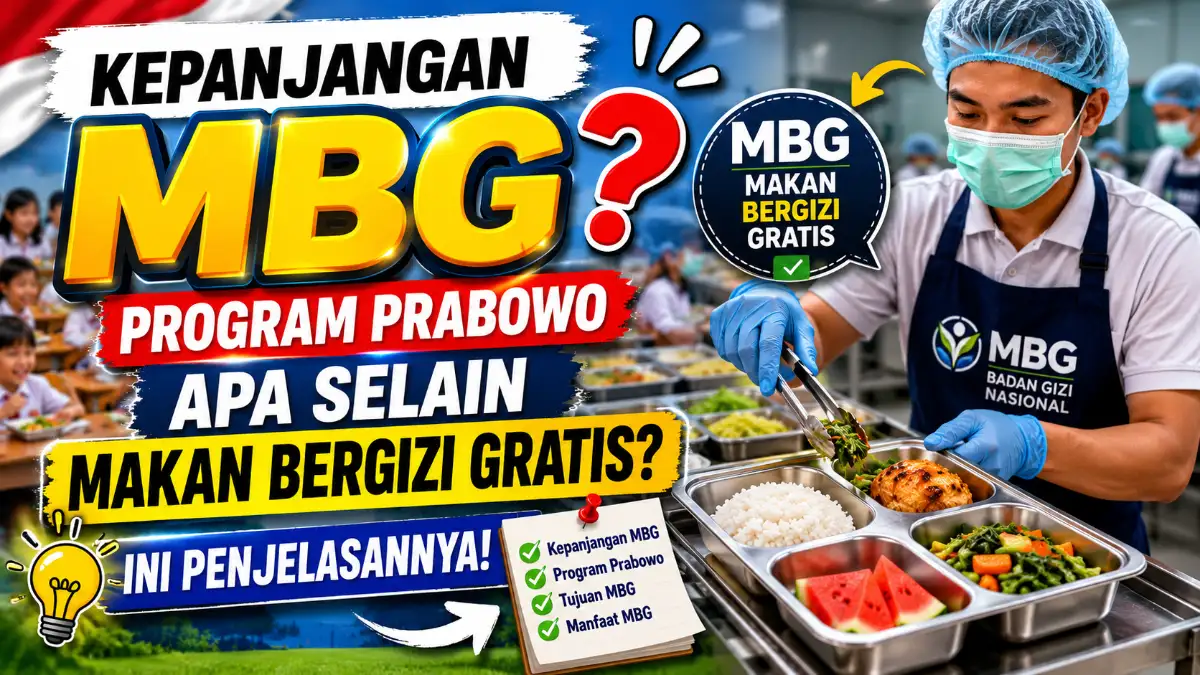 buatkan thumnail judul : Kepanjangan MBG Program Prabowo Apa Selain Makan Bergizi Gratis? Ini Penjelasannya